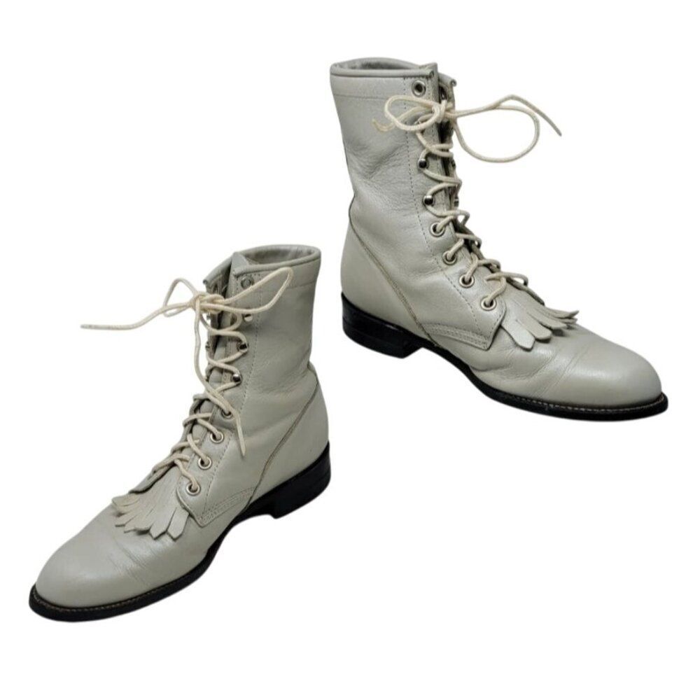 Vtg‎ Roper Kiltie Boots USA Leather Western Combat Boots Lace Up Sz 5.5 Gray